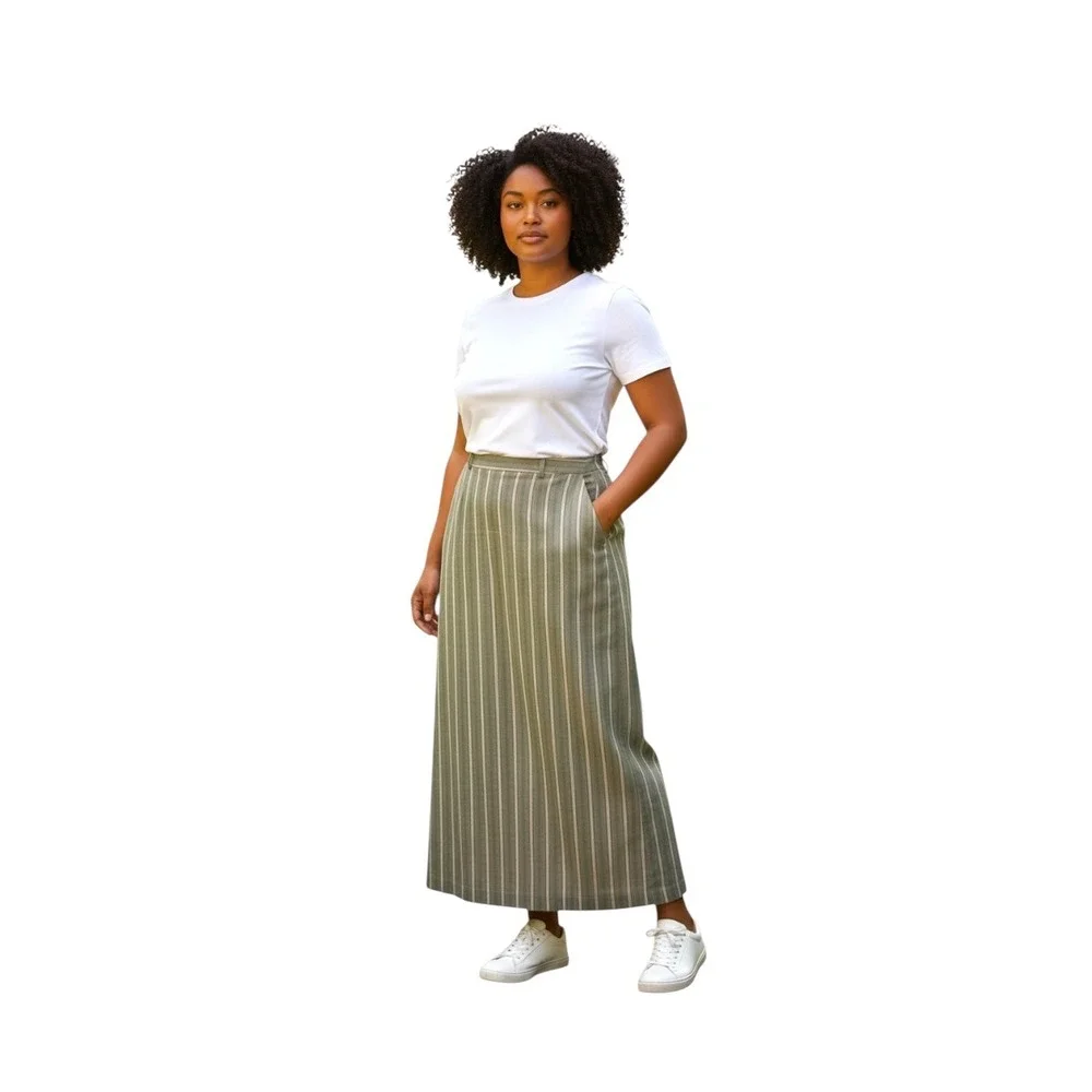 Express Design Studio Editor Maxi Skirt Womens SZ 12 Olive Pink Pinstripe Career
